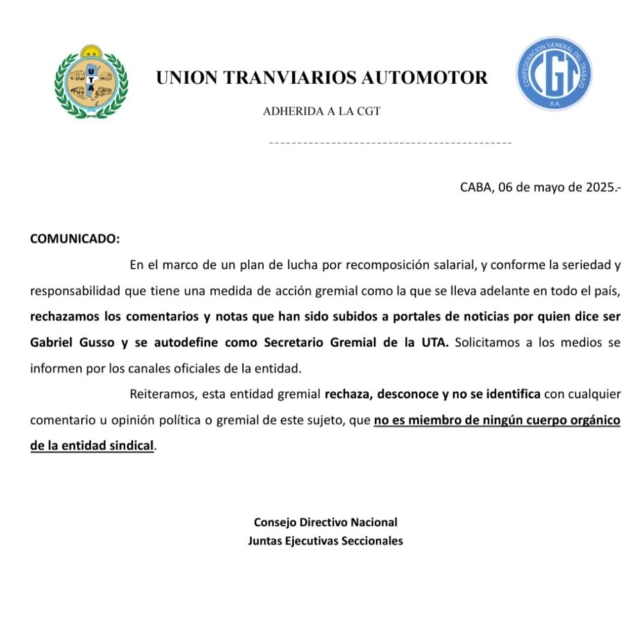 Comunicado de la UTA desconociendo a Gabriel Gusso