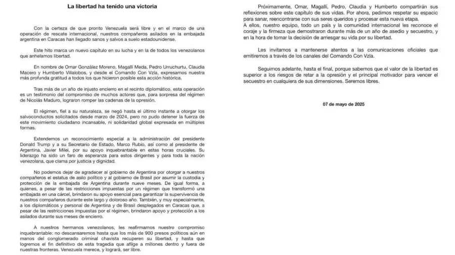 Los cinco refugiados en la embajada argentina en Caracas fueron liberados 20250507