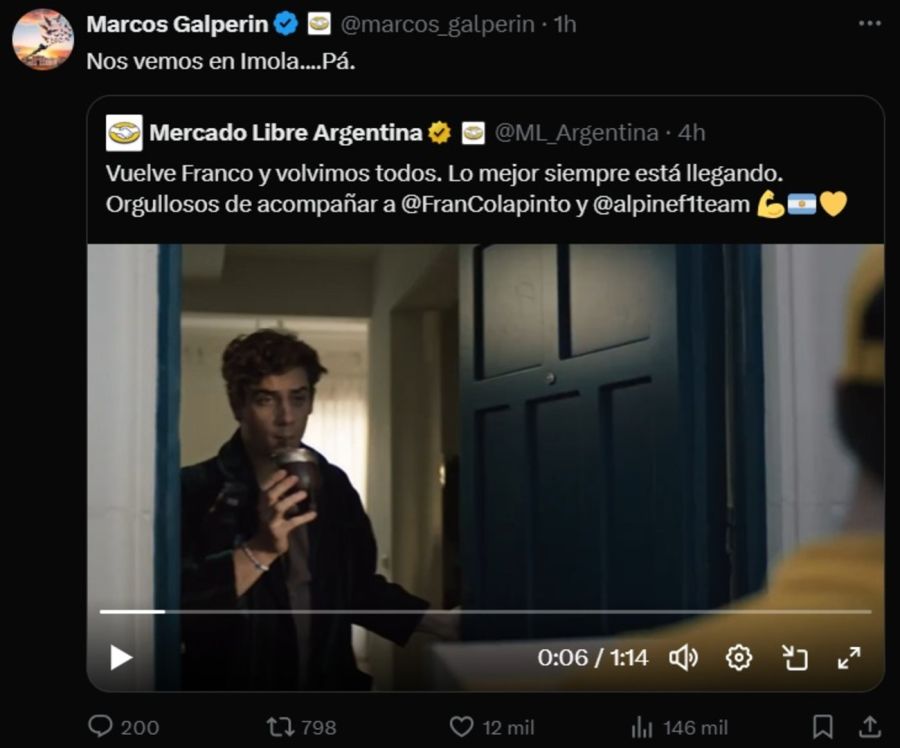 Tuit Marcos Galperin Colapinto F1