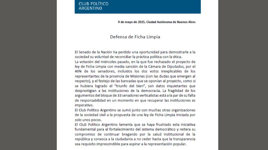 El Club Político Argentino consideró que el rechazo de Ficha Limpia “desprestigia a las instituciones de la democracia”