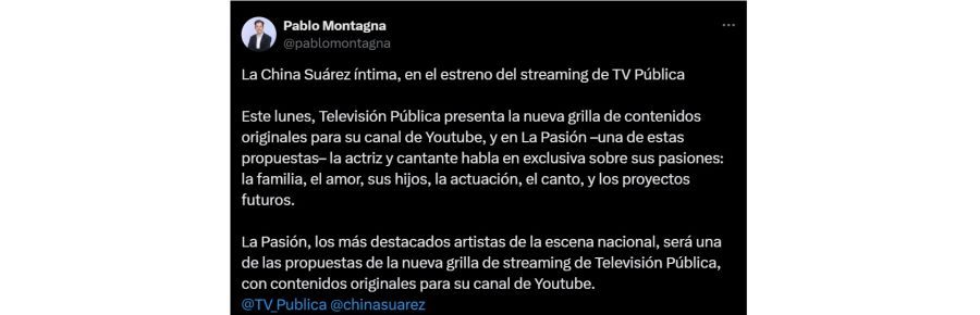 La China Suárez dará una entrevista al streaming de TV Pública