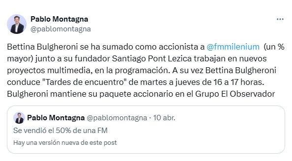 Pablo Montagna reveló que Bettina Bulgheroni es nueva accionista de FM Milenium