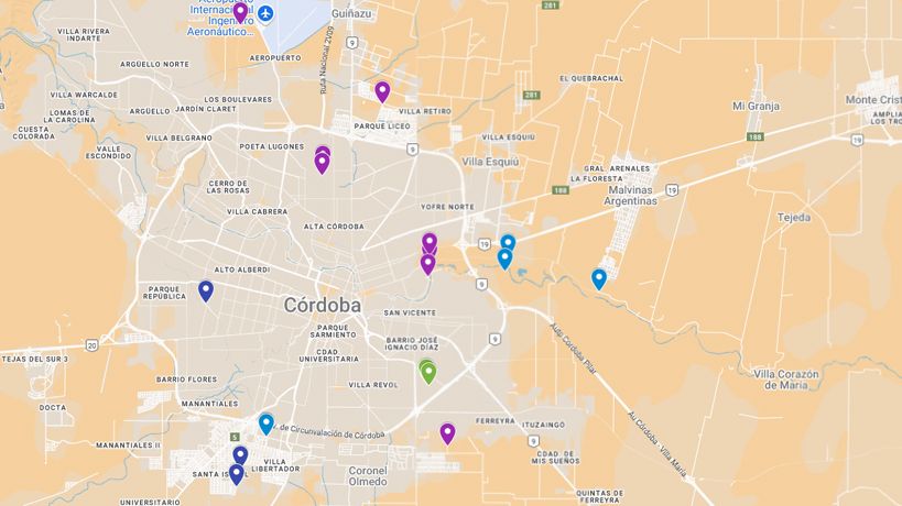 Mapa con los basurales en Cordoba