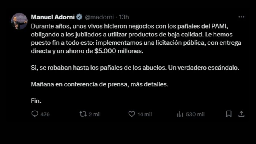 El gobierno denuncia un entramado de corrupción en el PAMI y anunciará un nuevo esquema para la entrega de pañales