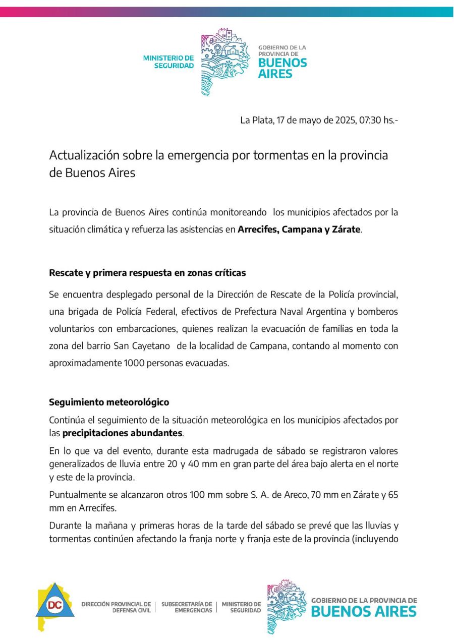Comunicado Ministerio de Seguridad bonaerense por tormentas en zona Zárate Campana