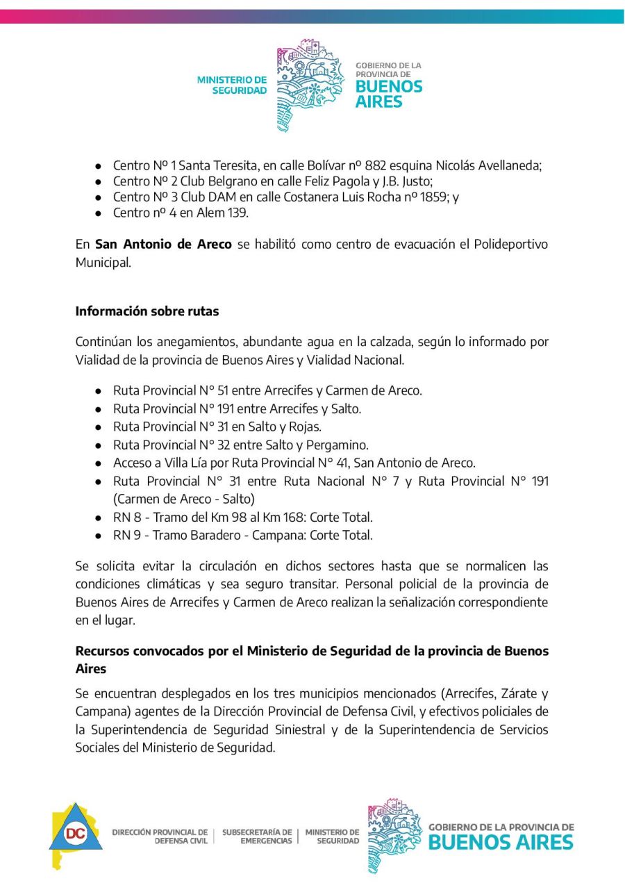 Comunicado Ministerio de Seguridad bonaerense por tormentas en zona Zárate Campana