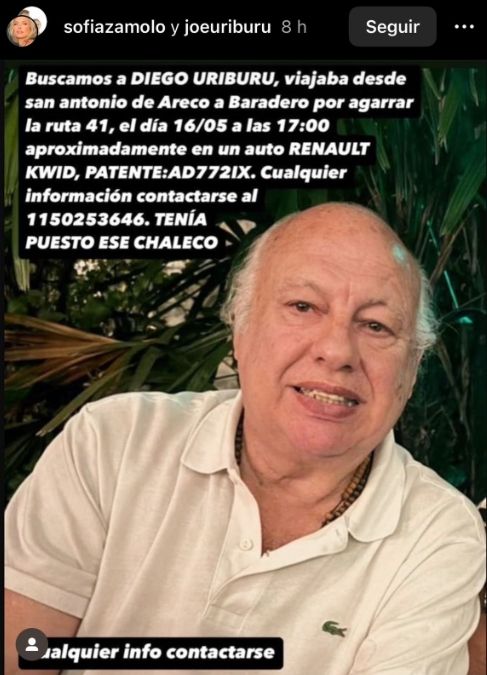 Sofía Zámolo compartió en sus redes la búsqueda de su tío