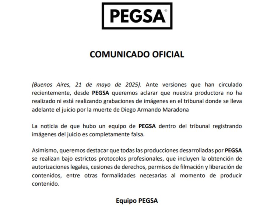 Comunicado de PEGSA por el juicio de Diego Maradona 20250521