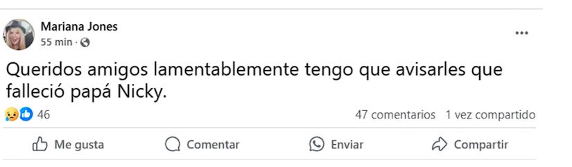 El mensaje de la hija del legendario Nicky Jones, dando cuenta de su fallecimiento.