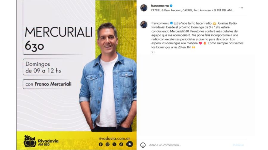 Franco Mercuriali se suma a Radio Rivadavia