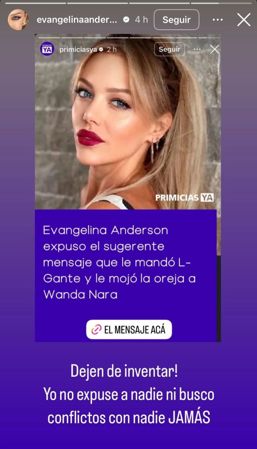 Tras exponer el pícaro mensaje que L-Gante le envió, Evangelina Anderson rompió el silencio