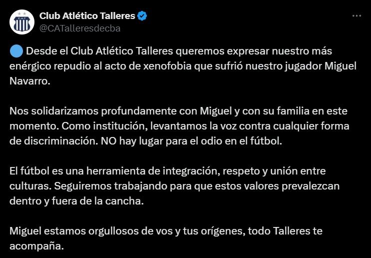 Comunicado Talleres de Córdoba