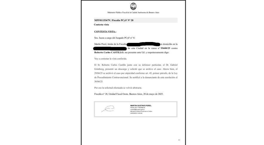 El fiscal desestimó la denuncia de Flor Moyano contra Roberto Castillo