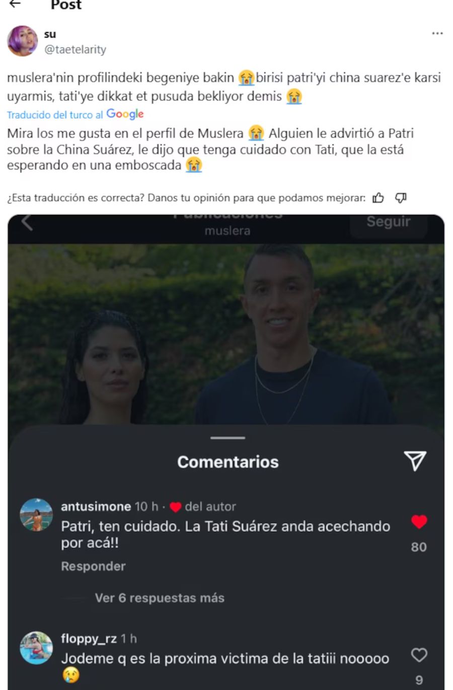 El like de Patricia Callero, la esposa de Fernando Muslera, a un mensaje contra la China Suárez