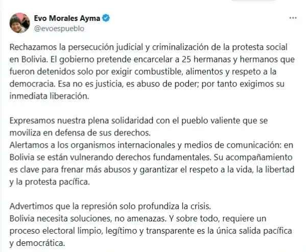 Captura de posteo de Evo Morales
