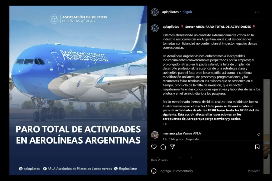 Aerolíneas Argentinas: el 10 de junio habrá un paro de pilotos que afectará Ezeiza y Aeroparque