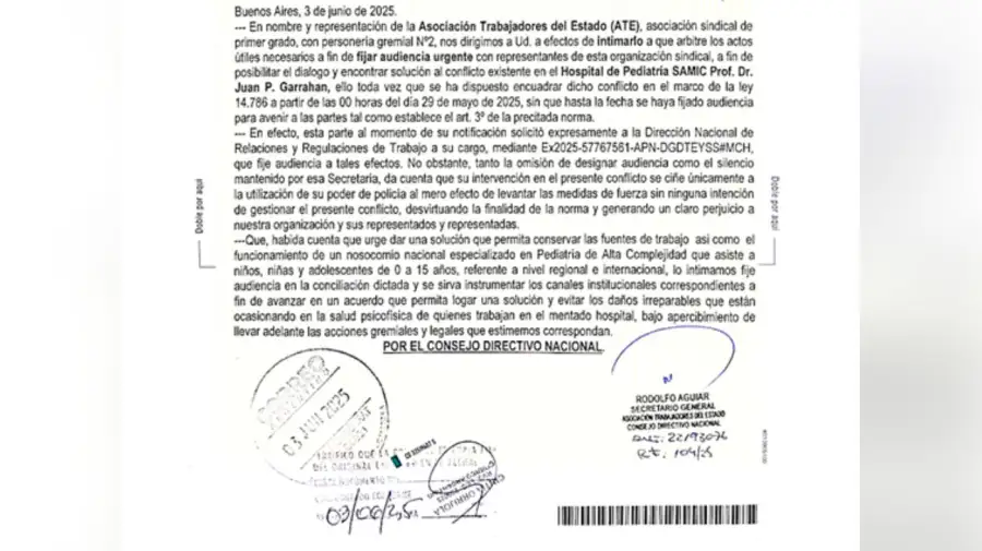 Carta documento ATE a Secretaría de Trabajo