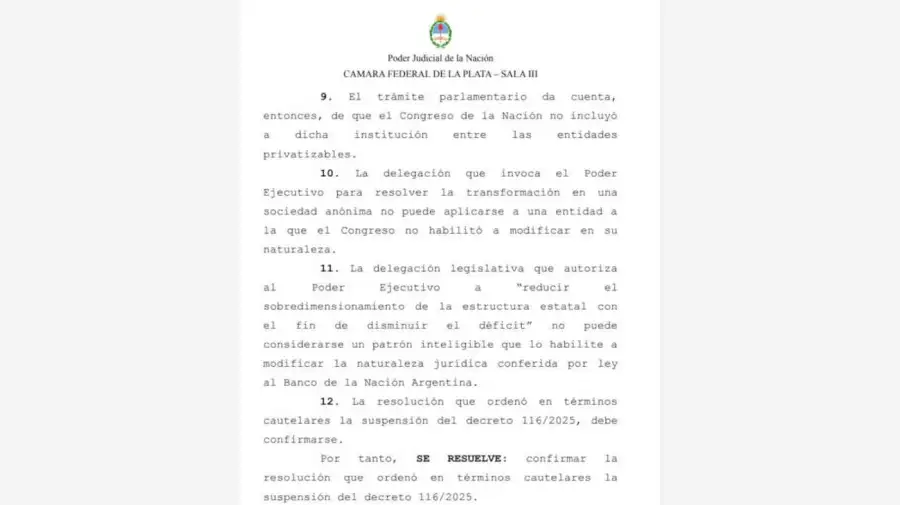 Confirman la suspensión del decreto que transformó al Banco Nación en sociedad anónima 20250605