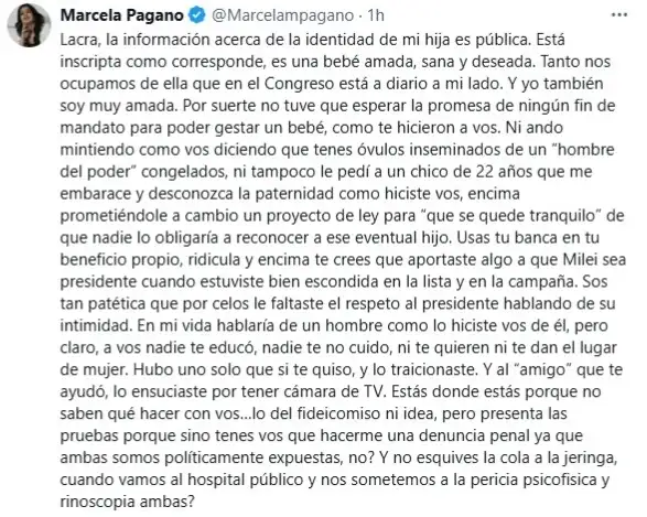 El posteo completo de Marcela Pagano contra Lilia Lemoine