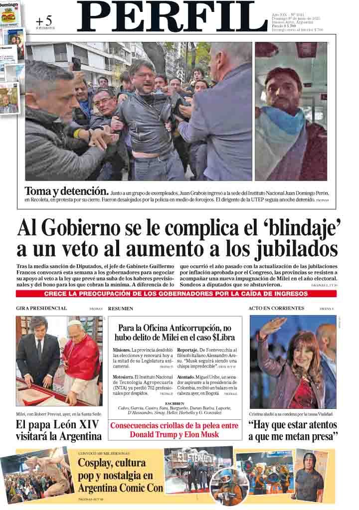 La tapa del Diario PERFIL del domingo 8 de junio de 2025