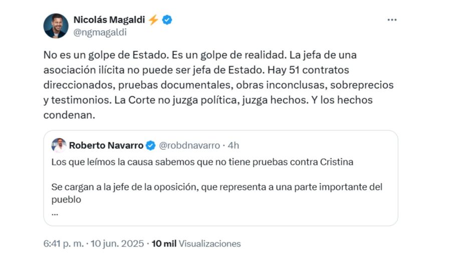 Nicolás Magaldi cruzó a Roberto Navarro tras la confirmación de la condena a Cristina Kirchner
