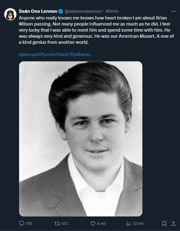El dolor de Sean Lennon por la muerte de Brian Wilson