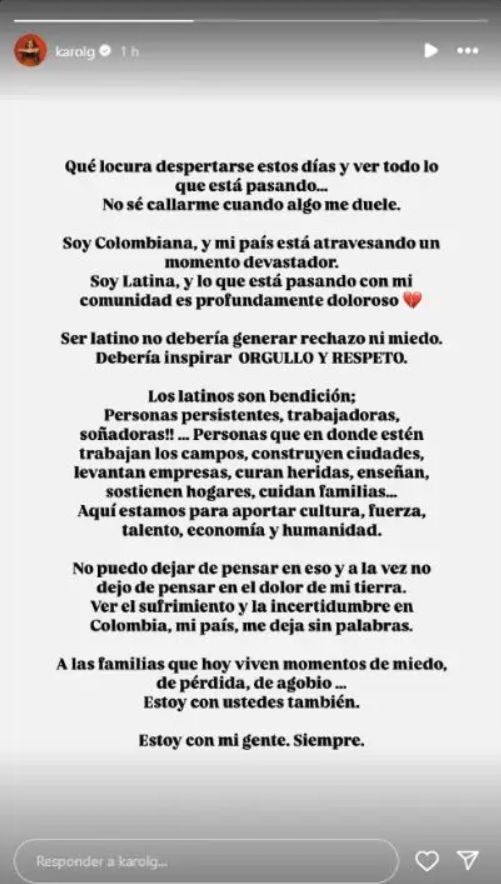 Karol G alzó la voz por los hechos de violencia en Colombia