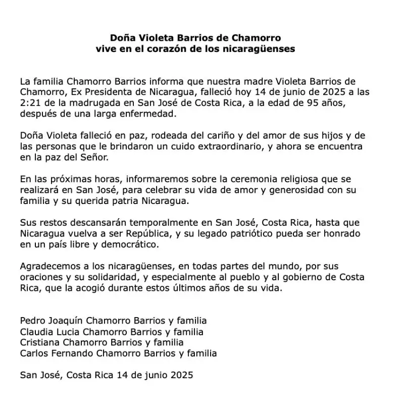 Comunicado de la familia Chamorro