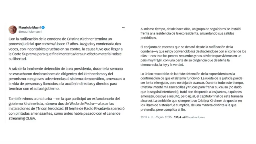 Mauricio Macri se refirió en redes a la condena de Cristina Kirchner.