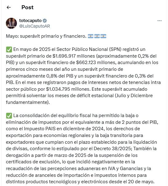 Luis Caputo anunció el superávit financiero de mayo 2025.