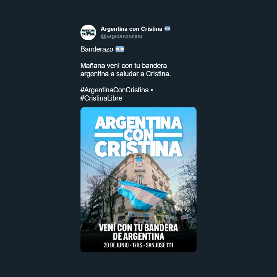 Banderazo a favor de Cristina Kirchner el 20 de junio