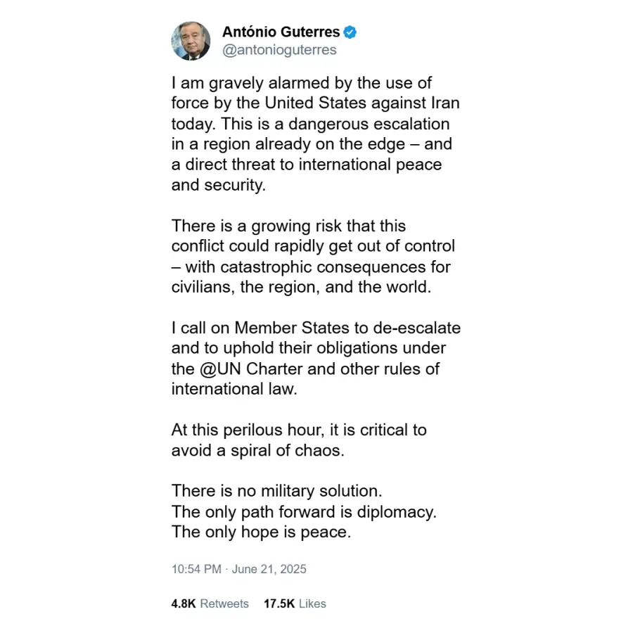 Posteo Antonio Guterres sobre bombardeo a Irán