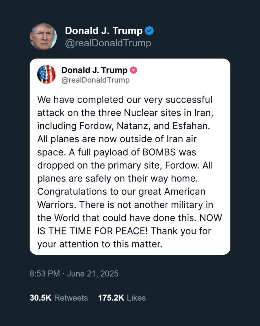 Posteo de Donald Trump sobre bombardeo a Irán