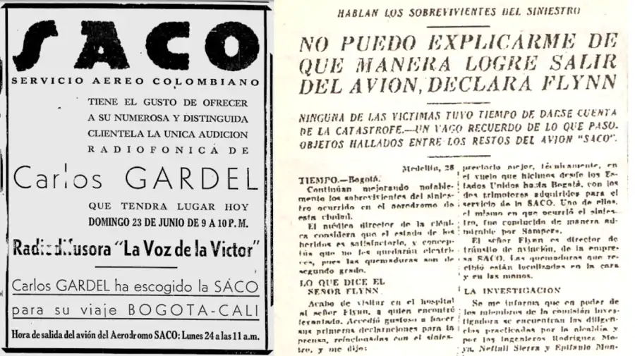 Afiche SACO y artículo El Tiempo accidente Gardel