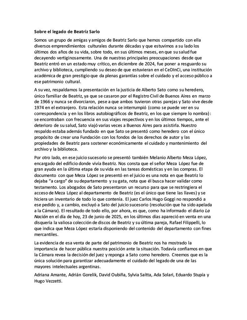 Carta de los amigos de Beatriz Sarlo