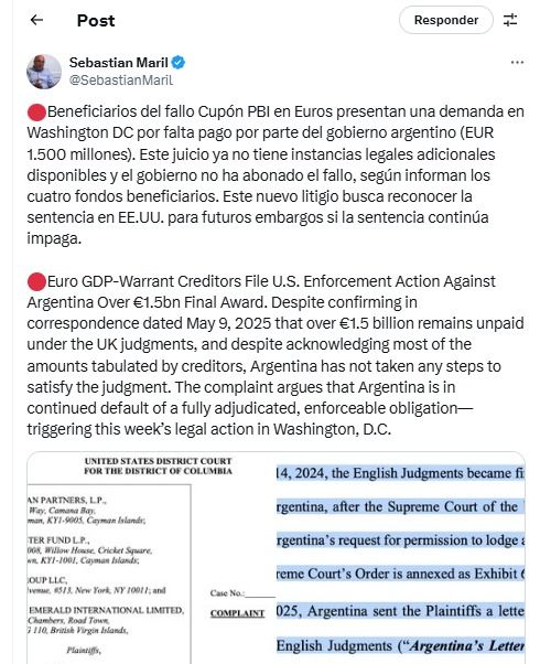 Sebastián Marill sobre el reclamo de los bonistas en EEUU por pago de deuda cupón PBI. 