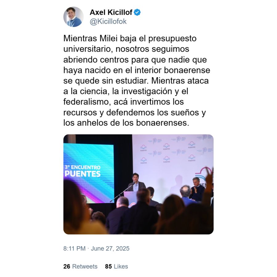 Captura de posteo de Axel Kicillof 2
