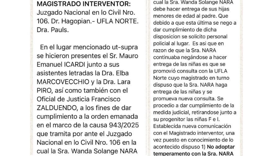Disposición judicial sobre Wanda Nara