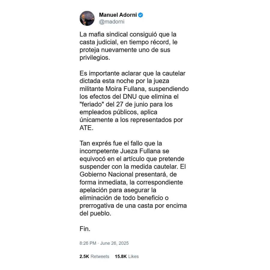 Posteo de Manuel Adorni contra la jueza Fullana 1