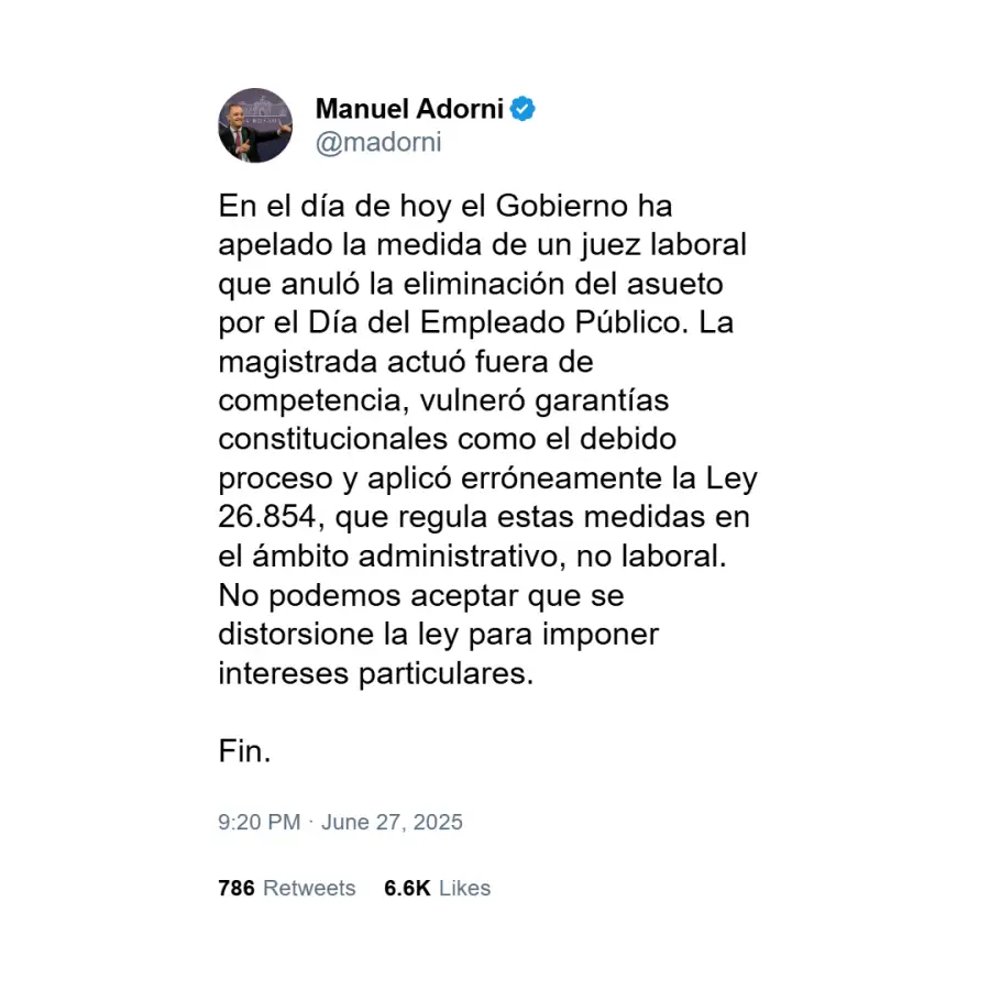 Posteo de Manuel Adorni contra la jueza Fullana 2
