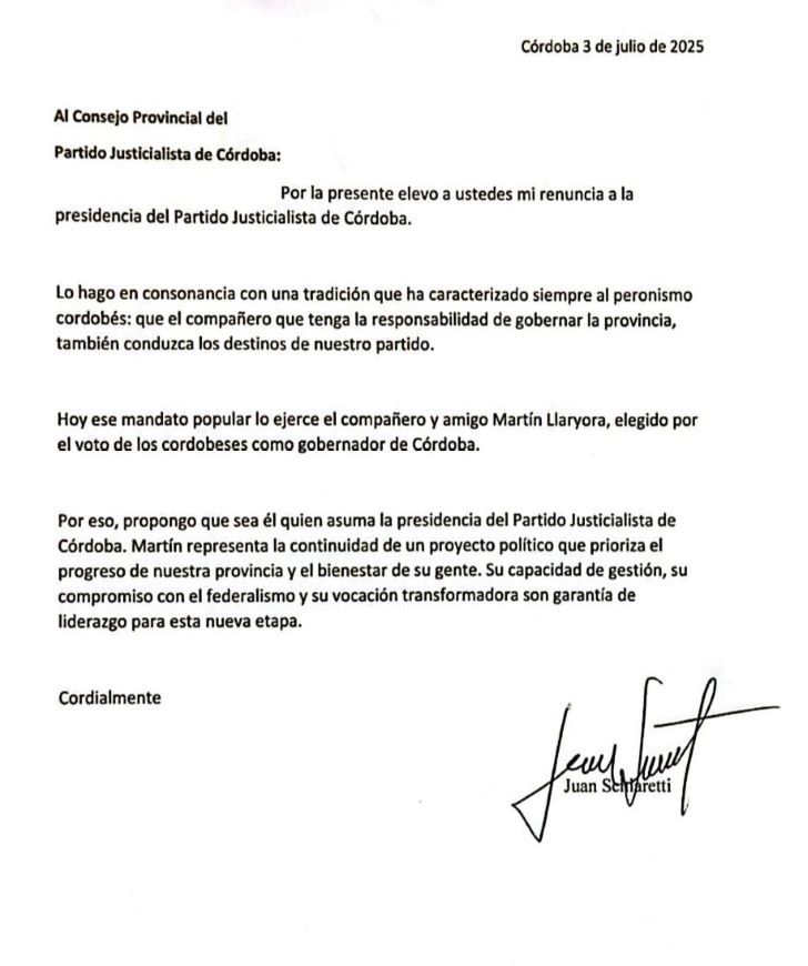 03-07-2025 carta schiaretti renuncia PJ Córdoba