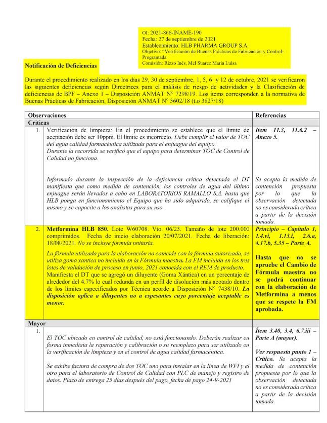Observaciones de la ANMAT sobre desvios de calidad de HLB Pharma investigadas por el juez Ernesto Kreplak