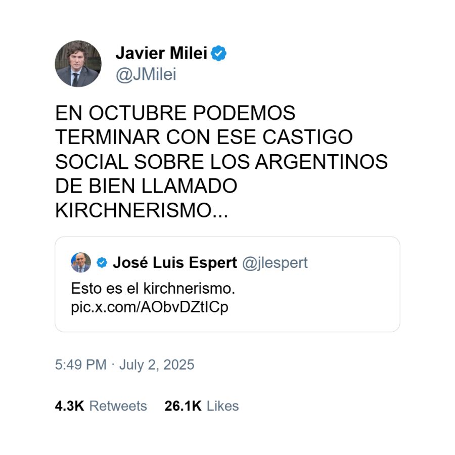 Posteo de Javier Milei apoyando a Espert