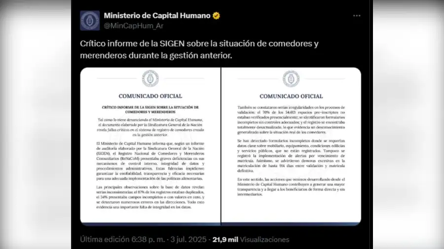 Comunicado Ministerio de Capital Humano