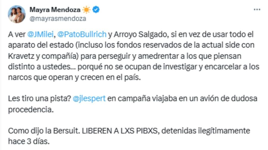 Posteo de Mayra Mendoza en X