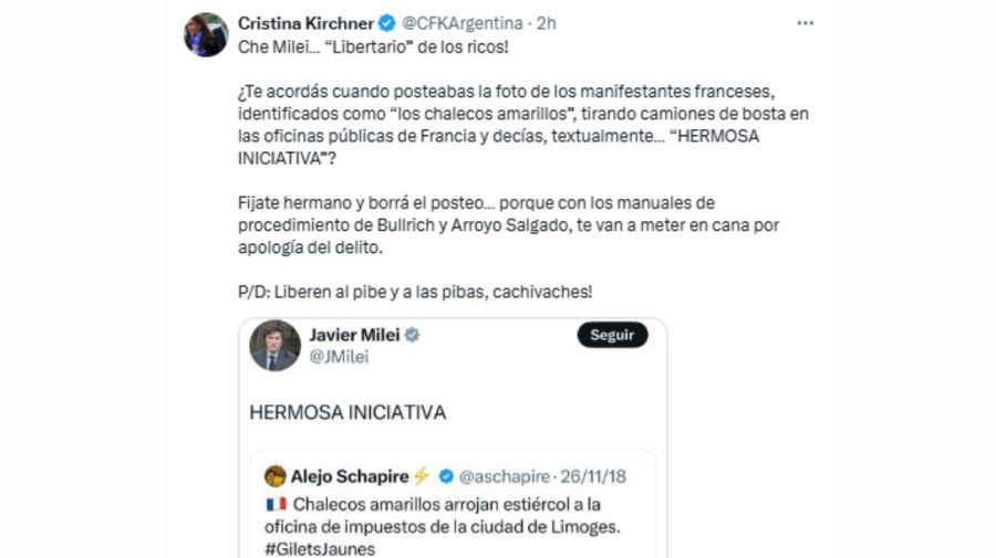 Tweet de CFK contra Milei