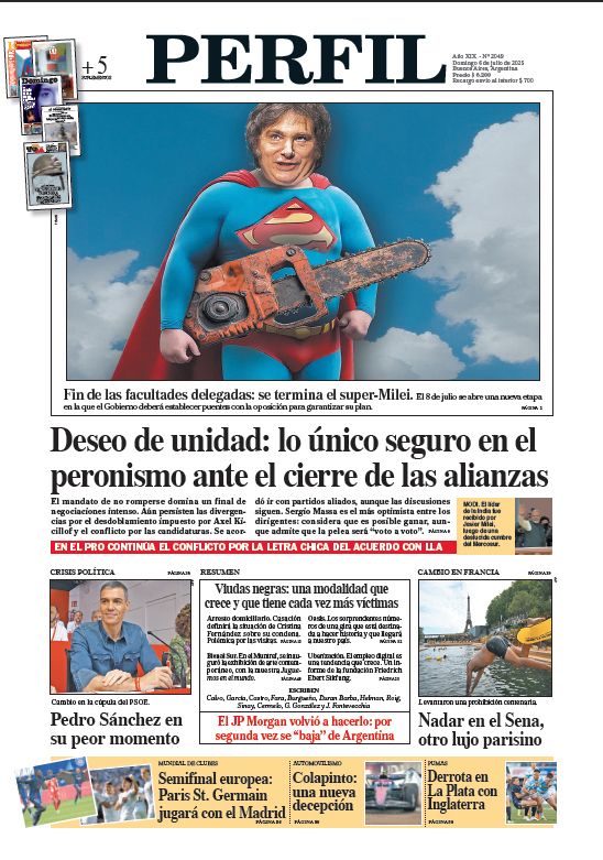La tapa del Diario PERFIL del domingo 6 de julio de 2025