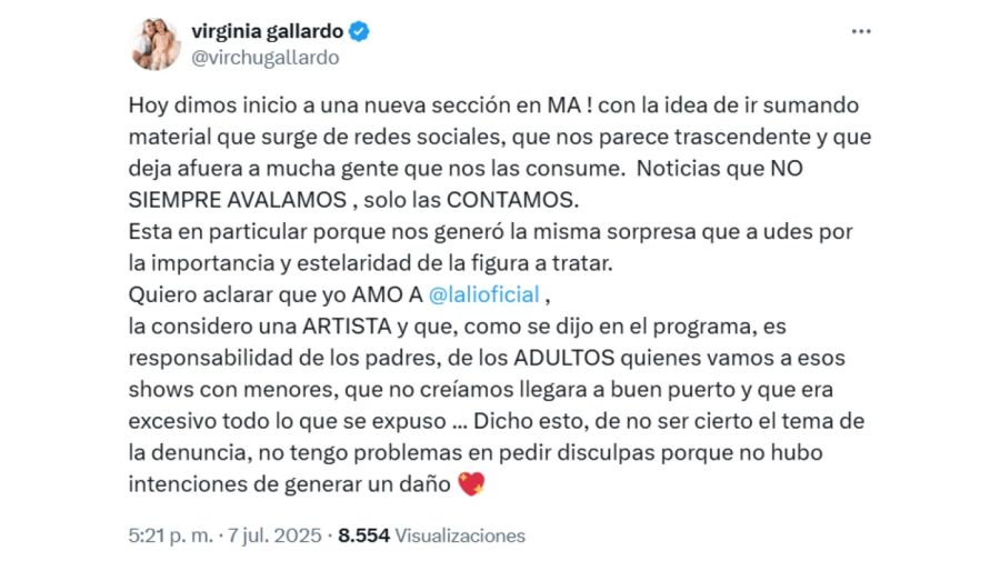 Virginia Gallardo tras difundir una fake news sobre Lali Espósito