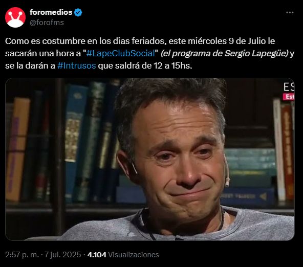 El programa de Sergio Lapegüe tendrá una hora menos el miércoles 9 de julio