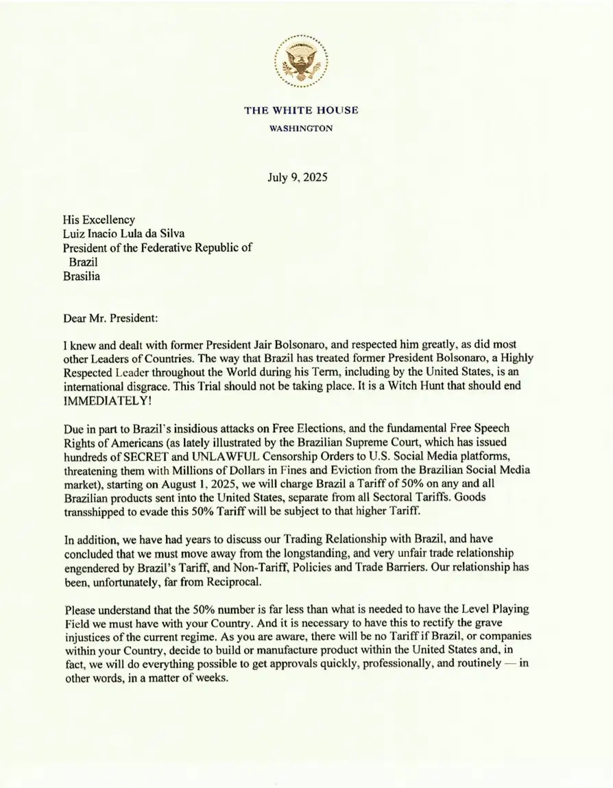 Carta de Trump a Lula por nuevos aranceles